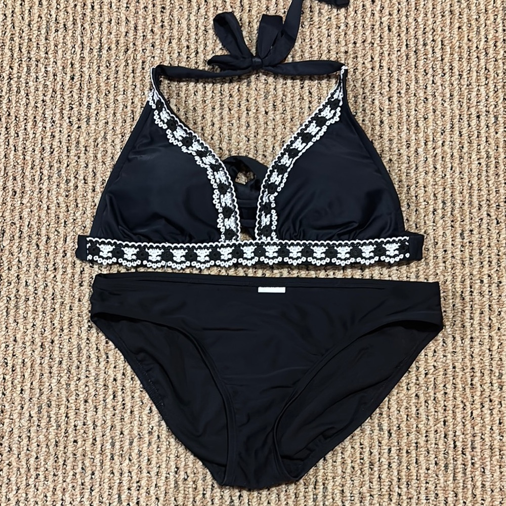 Kona Sol Black Bikini with White Floral Accents